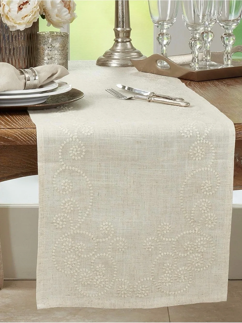 Embroidered Scroll Beige Table Runner